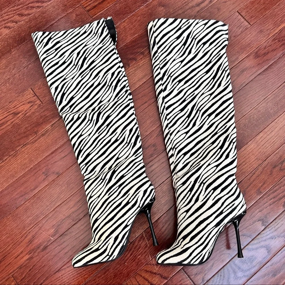 Steve Madden Alluring Zebra Black White Over the Knee Square Toe Heeled Boots